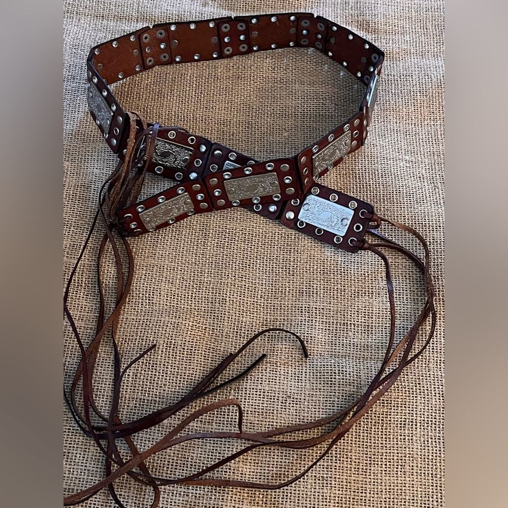 Express Brown Studded Leather Fringed Belt silver ornaments bohemian festival M
